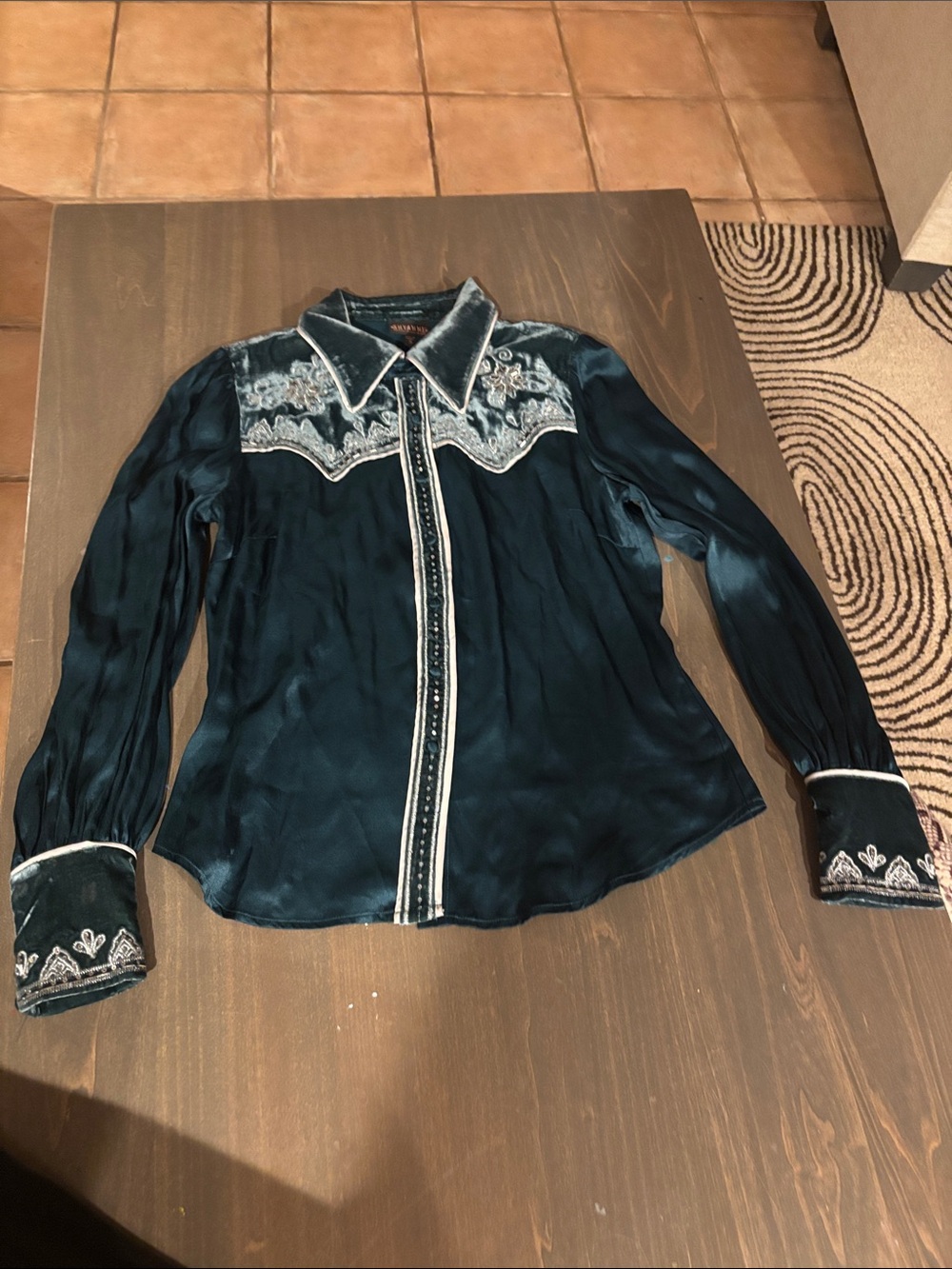 Shyanne Teal Satin Western Embroidered Button-Up Blouse